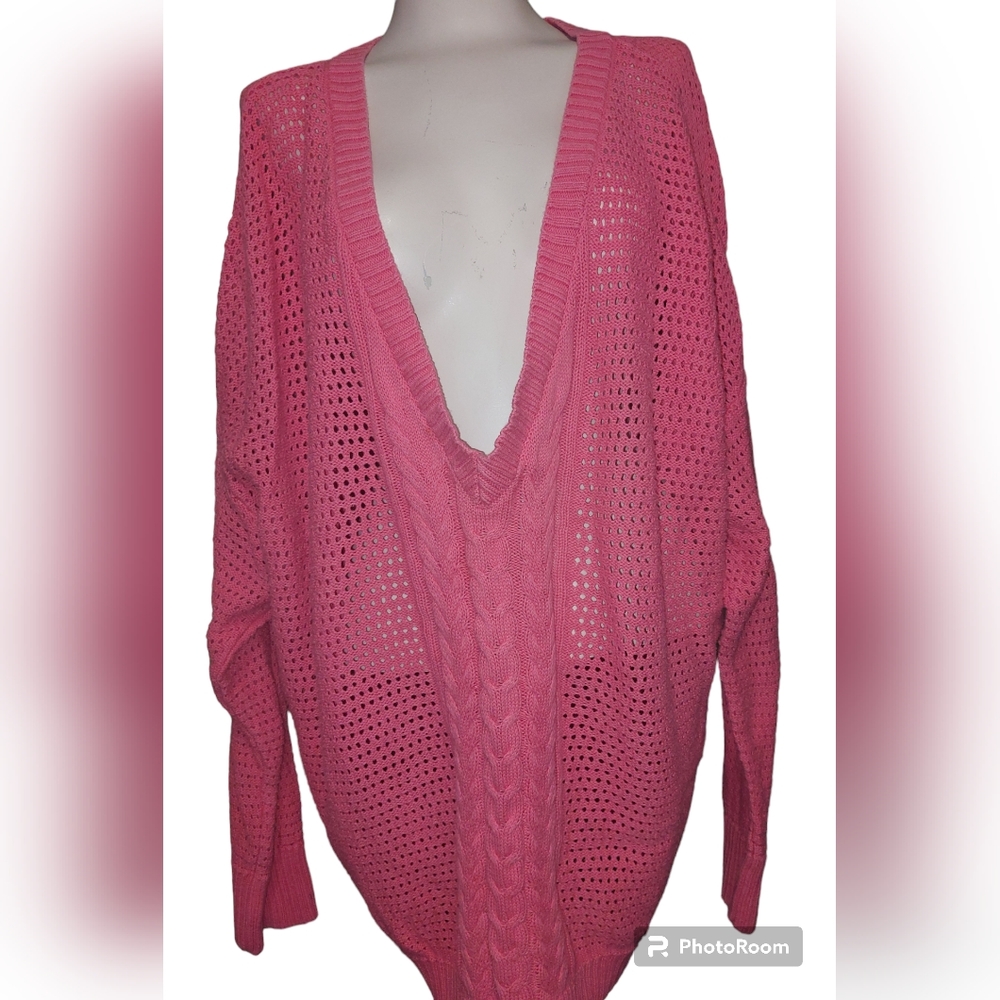 Lane Bryant V Neck Sweater Coral Cable Knit 26/28 Pullover